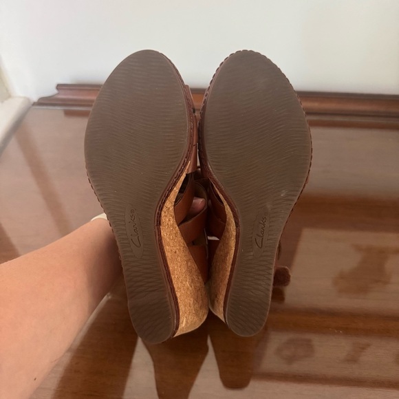 Clarks Tan Leather Wedge Sandals - Picture 7 of 7